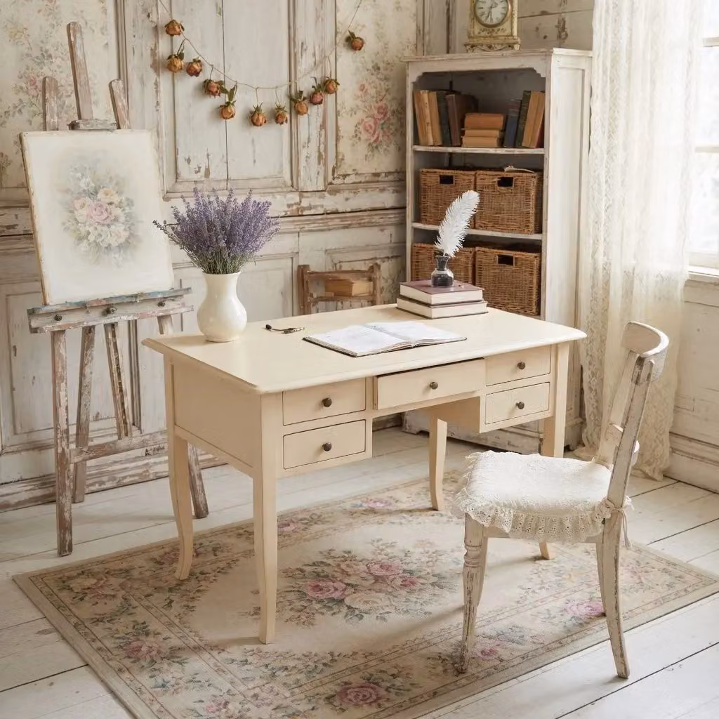 Scrivania in legno di pino stile arte povera con 5 cassetti color avorio Mobili 2G L: 105 cm, P: 56 cm, H: 81 cm – 2