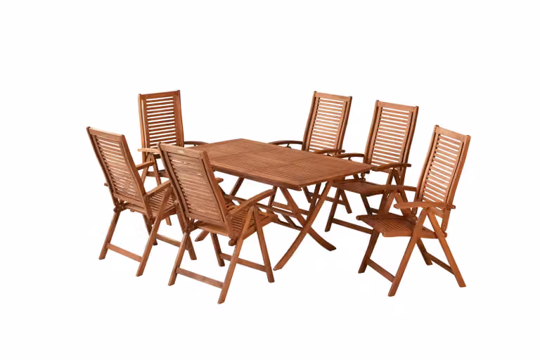 Set di mobili da giardino Merxx Cordoba 7 pezzi, 6 poltrone pieghevoli, 1 tavolo pieghevole allungabile 110 (160) x 90 cm - Eucalipto