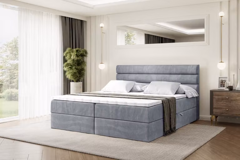 Letto boxspring ALTDECOR con materasso H3 e topper - 140 x 200 cm - CELESTIA - Velluto grigio - Letto imbottito con contenitore e rete a doghe, letto con spazio contenitivo