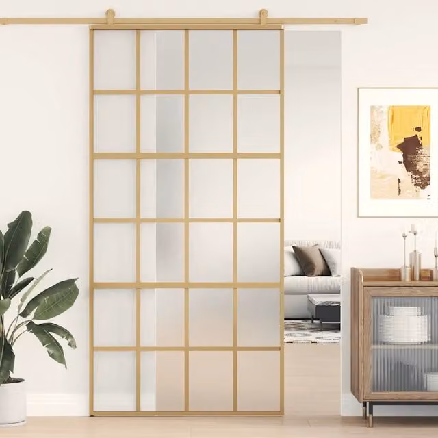 Porta Scorrevole vidaXL in Alluminio e Vetro Smerigliato Oro L: 102,5 cm, H: 205 cm