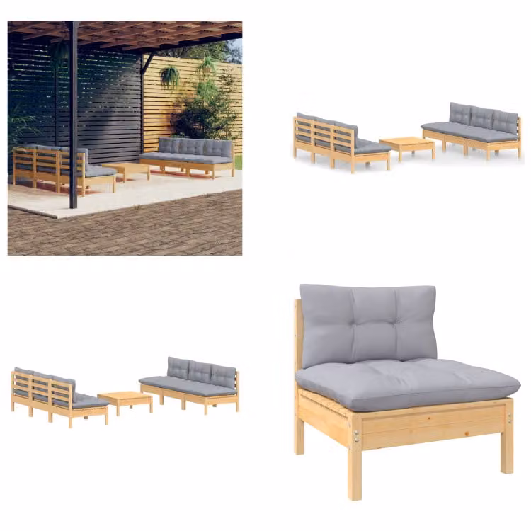 vidaXL set da salotto da giardino 7 pezzi con cuscini grigi in legno di pino - set da salotto da giardino - set da salotto da giardino - set da salotto