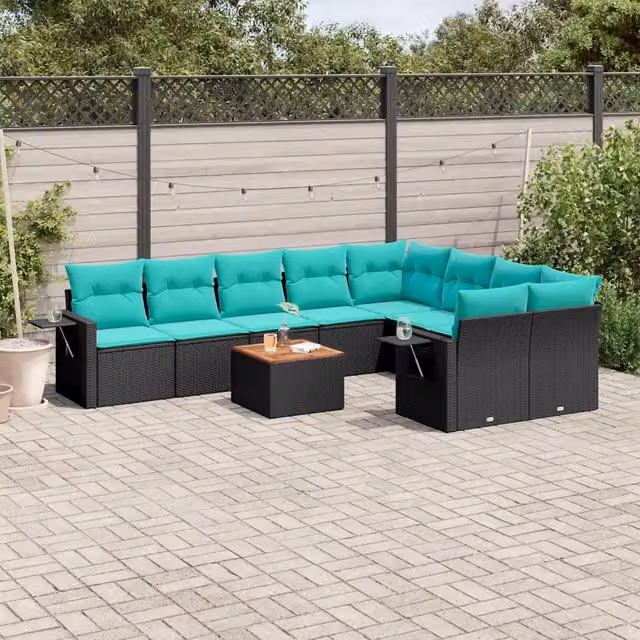 Set Divani da Giardino 10 pz con Cuscini Nero in Polyrattan 3224720