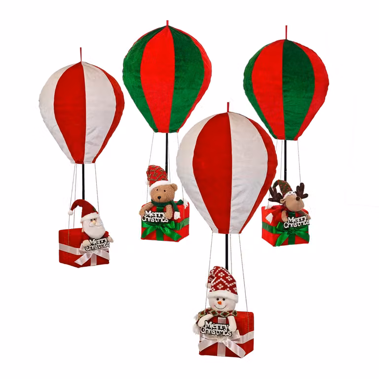 Decorazione Natalizia Mongolfiera con Personaggi Vestiamo Casa, Colori Rosso, Verde e Bianco, Altezza: 93 cm