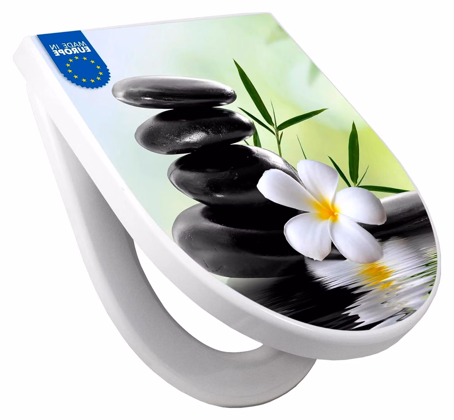 Copriwater a forma di D con sistema di chiusura ammortizzata - Coperchio del water bianco con motivo "Pietre & Relax"