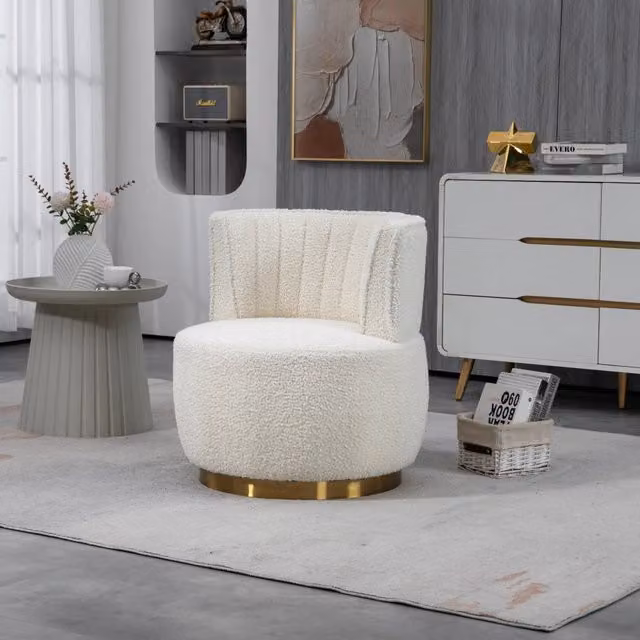 Desviae Poltroncina girevole a 360 gradi in teddy bianco con schienale avvolgente e seduta imbottita per salotto