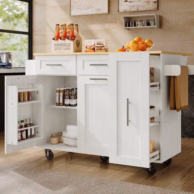 Isola da cucina 110x46x90;5 cm; piano ribaltabile; MDF e metallo bianco