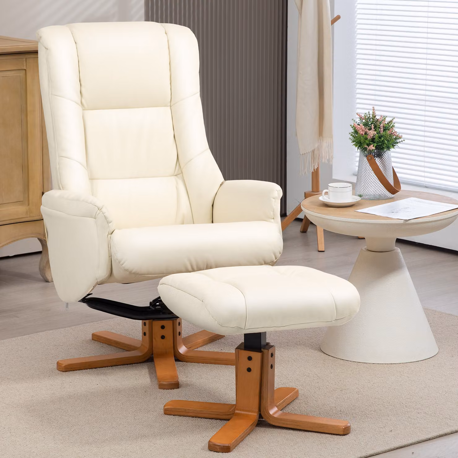 Poltrona Relax HOMCOM con Poggiapiedi, Funzione Lettura, Rivestimento in Ecopelle e Struttura in Legno, Bianco, L 71 x P 84 x H 102 cm – 2