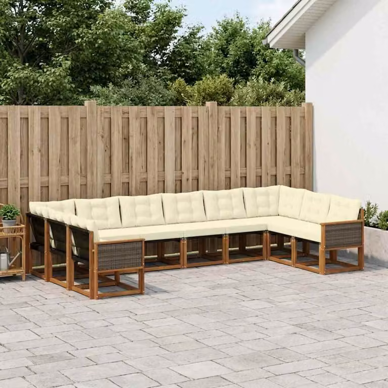 Set di divani da esterno vidaXL a forma di U in legno di acacia con cuscini, colore naturale e crema