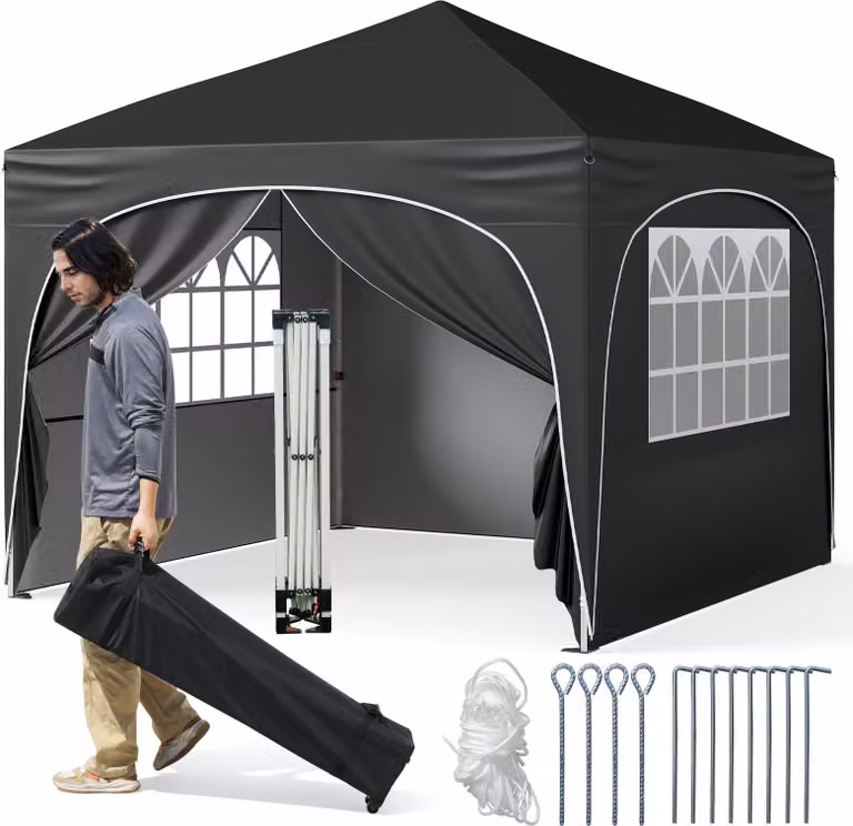 COSTWAY Gazebo pieghevole 3x3 m con 4 pareti laterali rimovibili, gazebo pop-up con protezione UV, idrorepellente, tenda da giardino, gazebo da giardino con borsa, nero