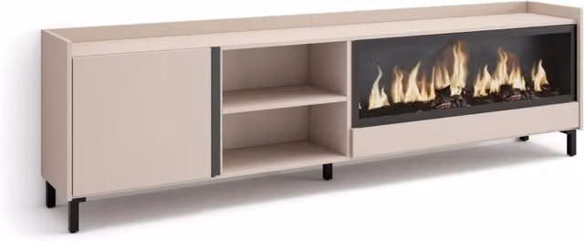 Mobile TV Soggiorno, 212x61x35 cm, Per TV fino a 80", Camino elettrico XXL, Design industriale, Beige