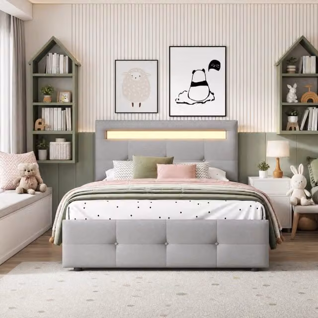 Letto singolo 90x200 cm imbottito con LED e 2 cassetti; grigio