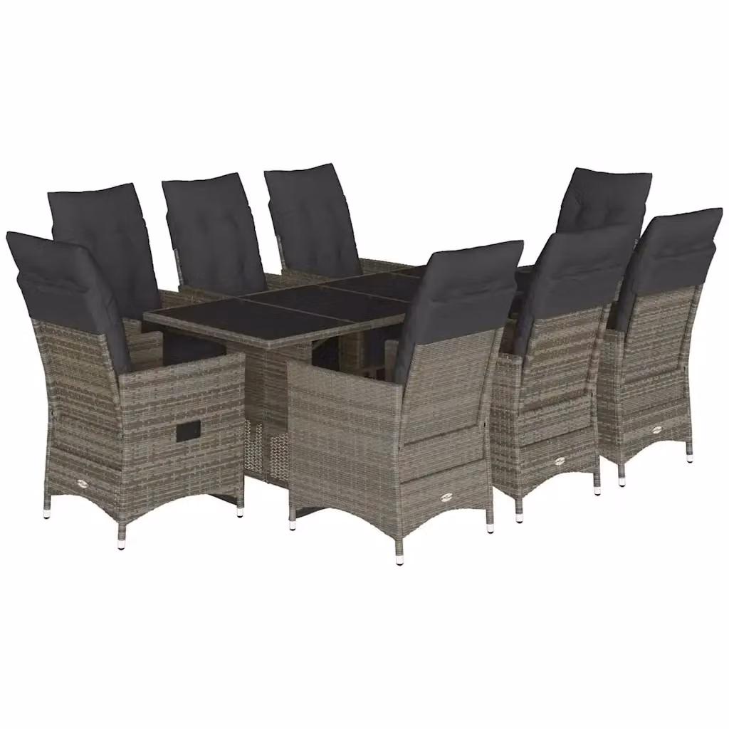 Set Bistrò da Giardino vidaXL in Polyrattan Grigio con Cuscini e Tavolo in Vetro, 9 Pezzi – 2