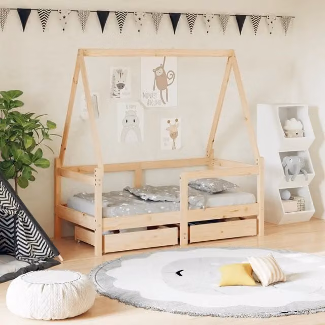 Giroletto per bambini vidaXL in legno massello di pino con cassetti, stile rustico, bianco, L 140 x P 70 cm
