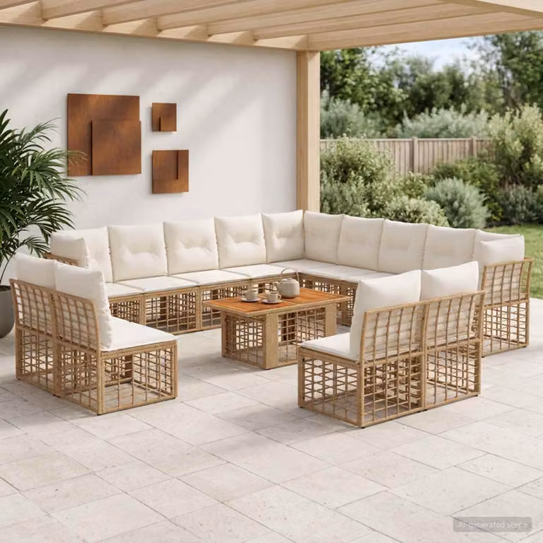 Set Divano da Giardino vidaXL 14 Pezzi a Forma di U in Polyrattan con Cuscini e Tavolino, Colore Naturale e Bianco Crema