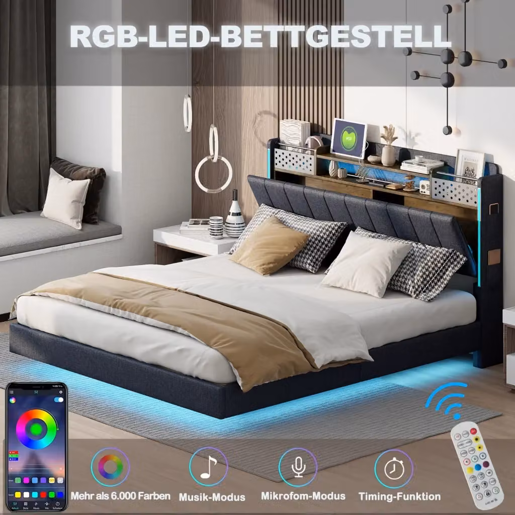 Letto matrimoniale moderno imbottito grigio con contenitore, illuminazione LED, porta USB e mensola integrata, L/P: 140 x 200 cm – 2