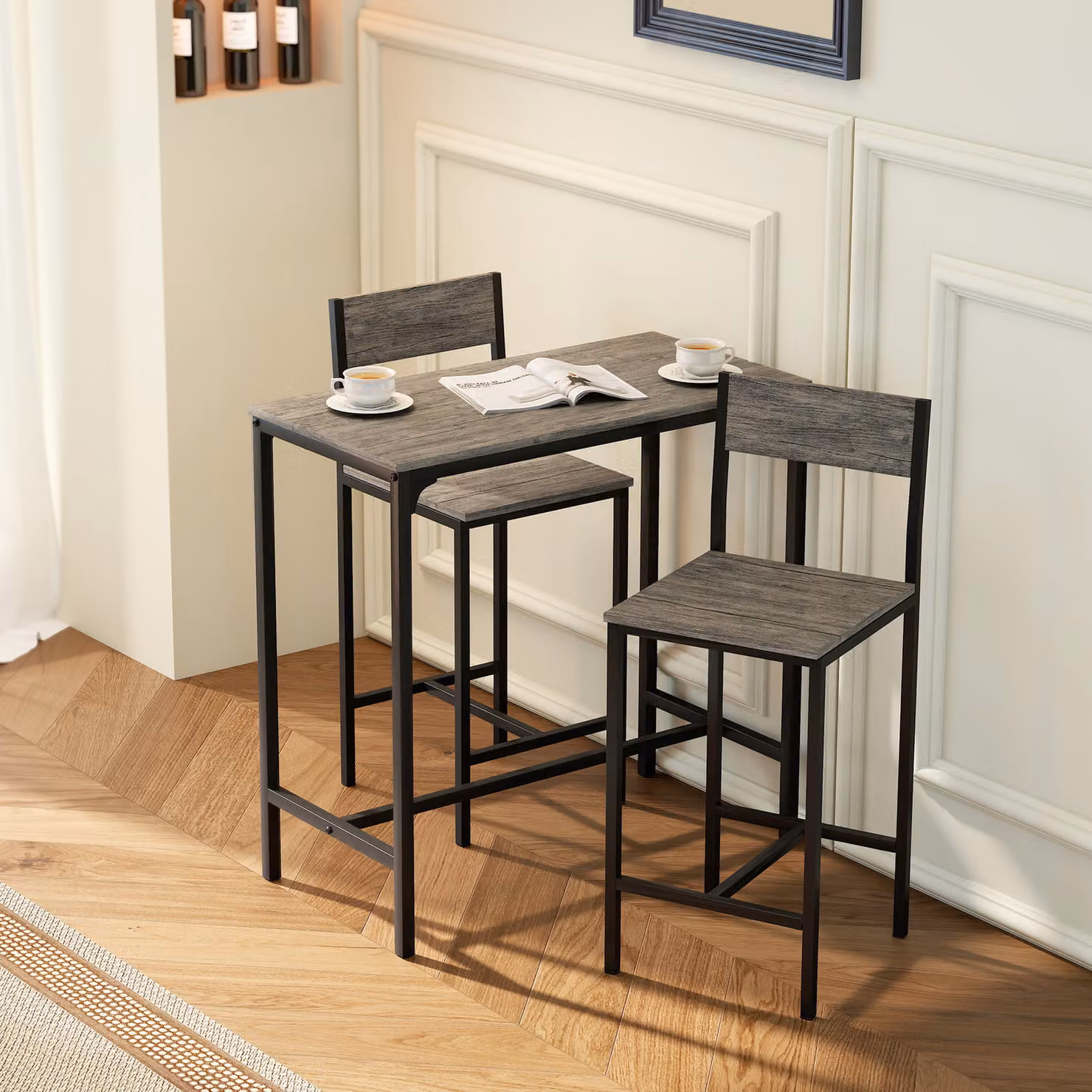 Set Tavolo da Bar HOMCOM con 2 Sgabelli, Tavolo Alto da Pranzo in Stile Industrial con Poggiapiedi e Schienali, Grigio e Nero – 2