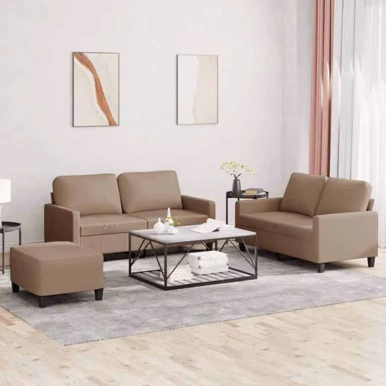 Set di divani vidaXL in similpelle beige e marrone con cuscini e pouf per soggiorno in stile moderno