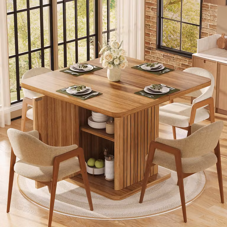 Tavolo STILVORA, 80 x 80 cm, con spazio contenitivo integrato e decorazioni a rilievo. Tavolo da cucina con struttura verticale a rilievo, finitura in legno marrone scuro