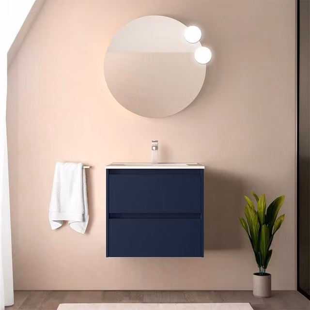 Mobile bagno sospeso Inbagno Gaya blu opaco con lavabo ad incasso e cassetti soft close L: 70 cm, P: 45 cm, H: 54 cm – 1