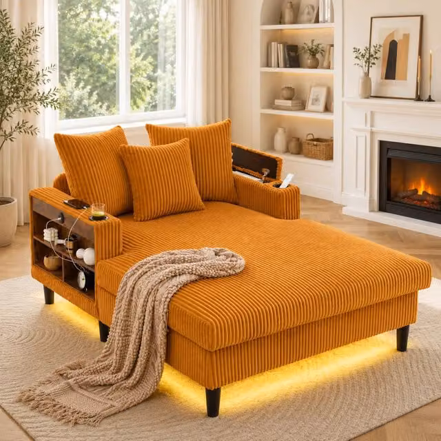 Chaise longue in velluto a coste 129 x 170 x 70 cm; LED multicolore; porta USB e contenitore; giallo senape