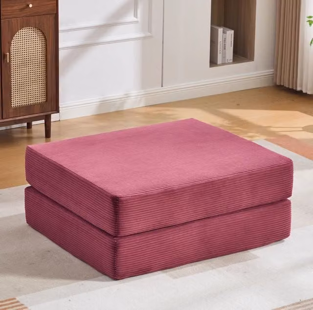 Pouf trasformabile in letto singolo in corduroy bordeaux; 109 x 95 x 43 cm