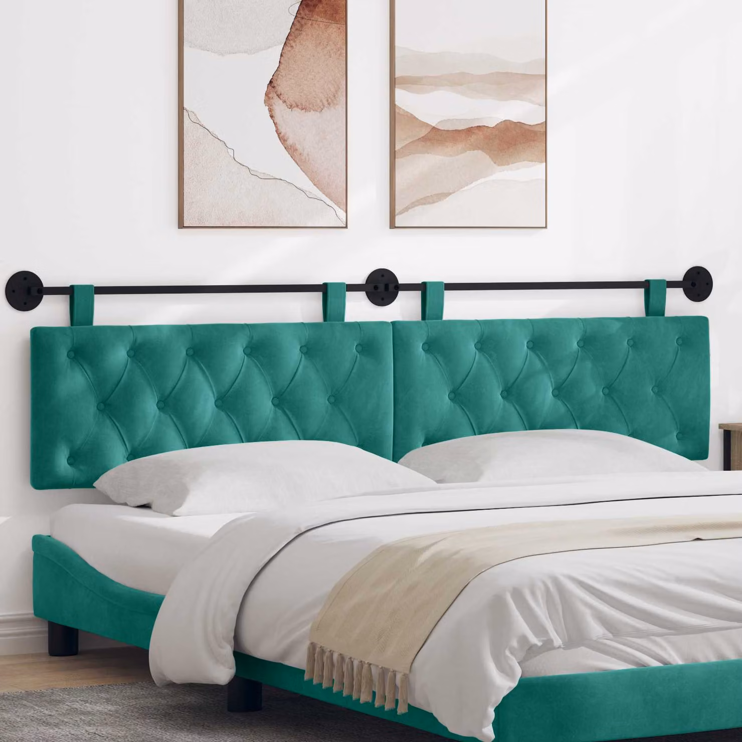 Testiera per letto sospesa vidaXL in velluto turchese con illuminazione integrata e pannello imbottito