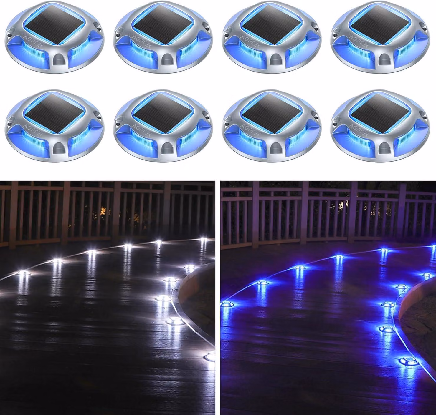8 luci da giardino solari, 2 modalità di illuminazione, alluminio, grado di protezione IP68, colore bianco e blu, forma rotonda