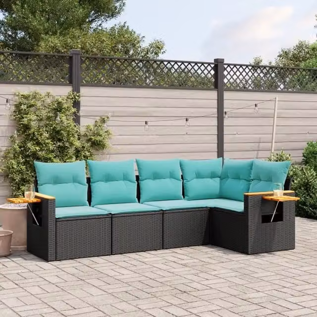 Set Divani da Giardino 5 pz con Cuscini Nero in Polyrattan 3226785