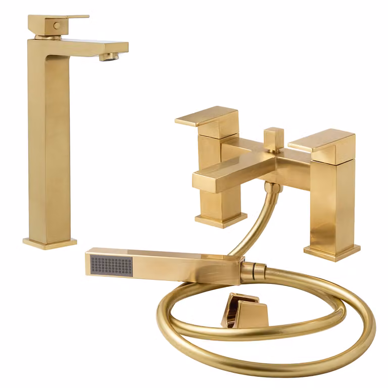 Set di Rubinetti Miscelatori per Lavabo e Vasca da Bagno con Kit Doccia - Oro Satinato - Lyra