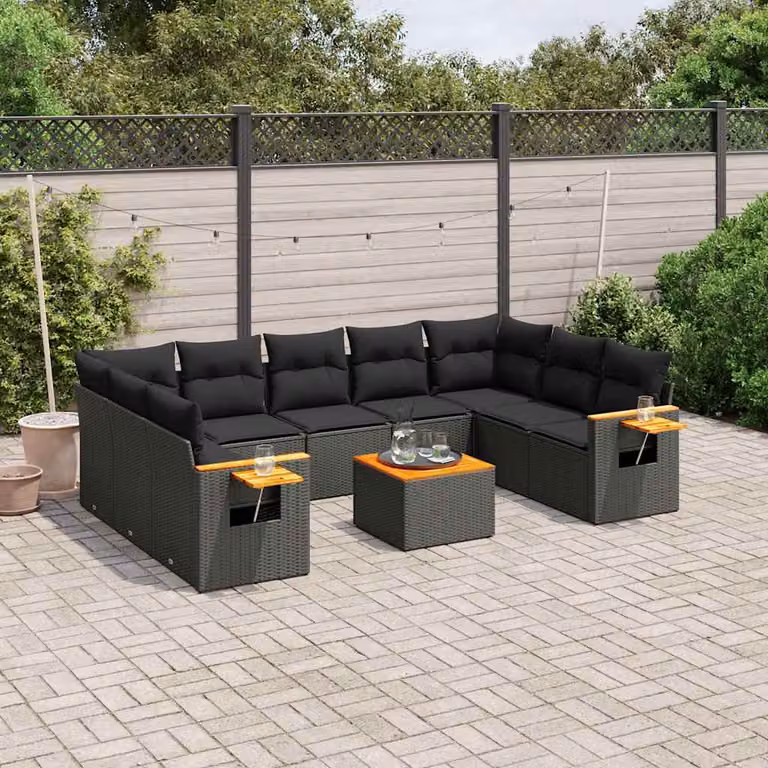 Set di divani da giardino vidaXL a forma di L in polyrattan nero con cuscini e tavolino da esterno