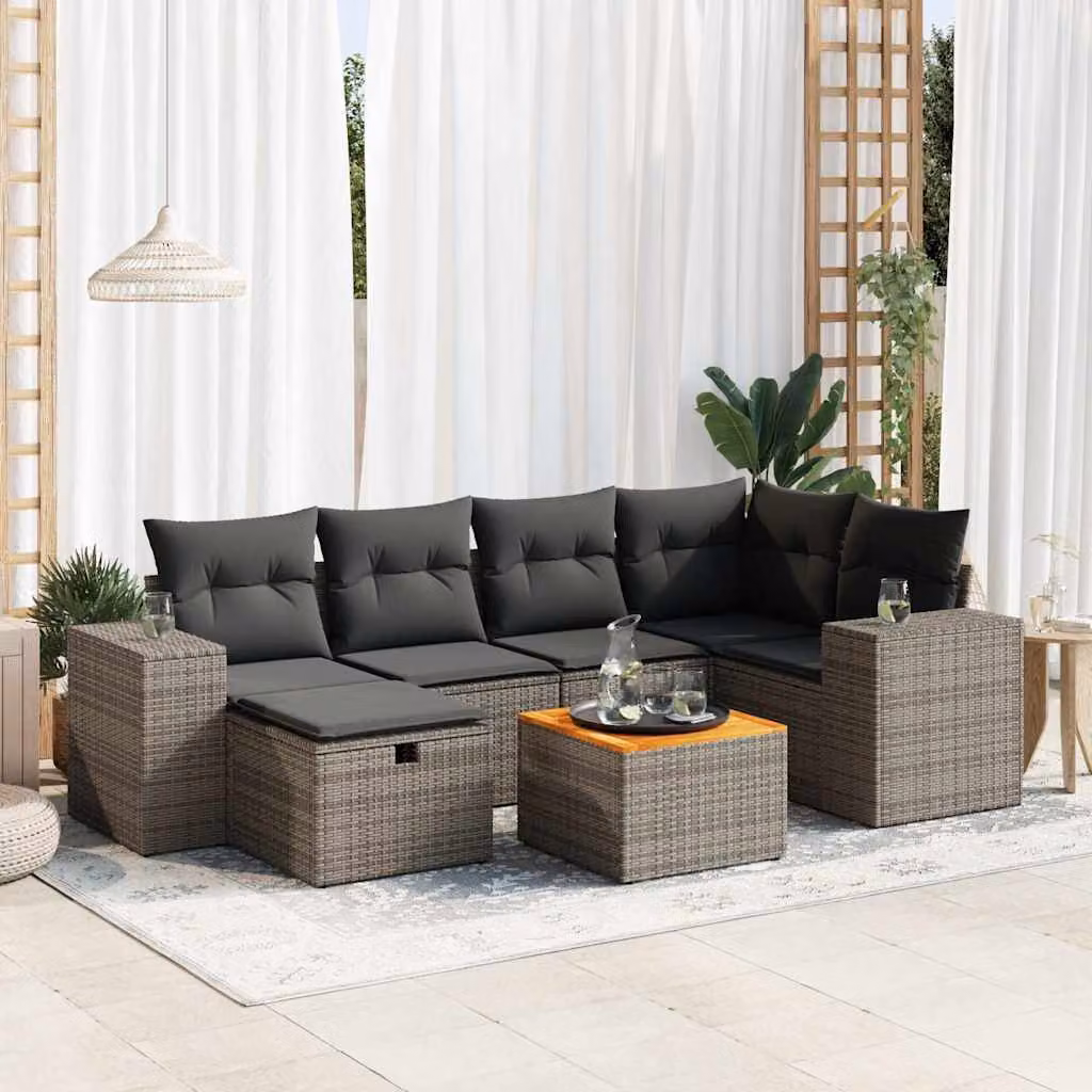 Set di divani da giardino vidaXL in polyrattan 7 pezzi con cuscini grigi e marroni a forma di L con tavolino e pouf