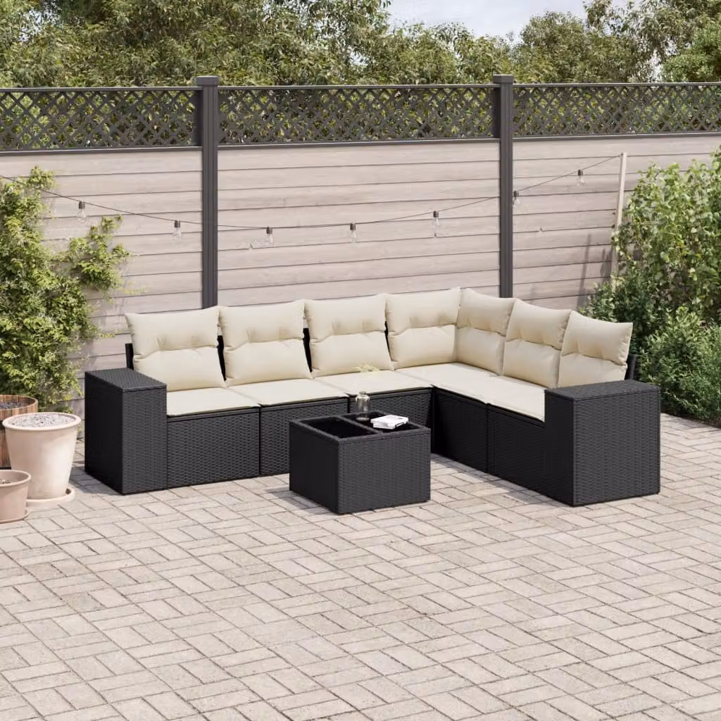 vidaXL Set Divani da Giardino a L con Cuscini 7pz Nero e Bianco in Polyrattan e Acciaio – 1