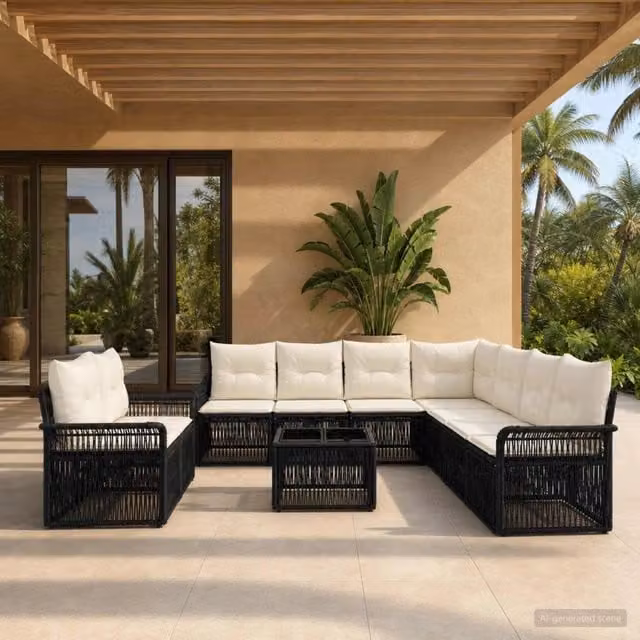 Set Divano da Giardino vidaXL 10 Pezzi Nero con Cuscini e Tavolino in Polyrattan e Acciaio