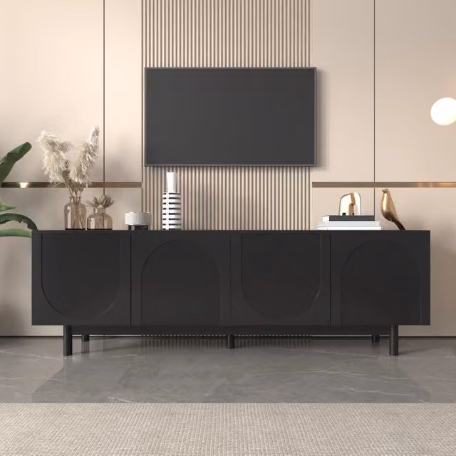 Mobile TV Mivray per soggiorno nero con quattro ante push to open e ripiani regolabili L: 175 cm, P: 38 cm, H: 56 cm