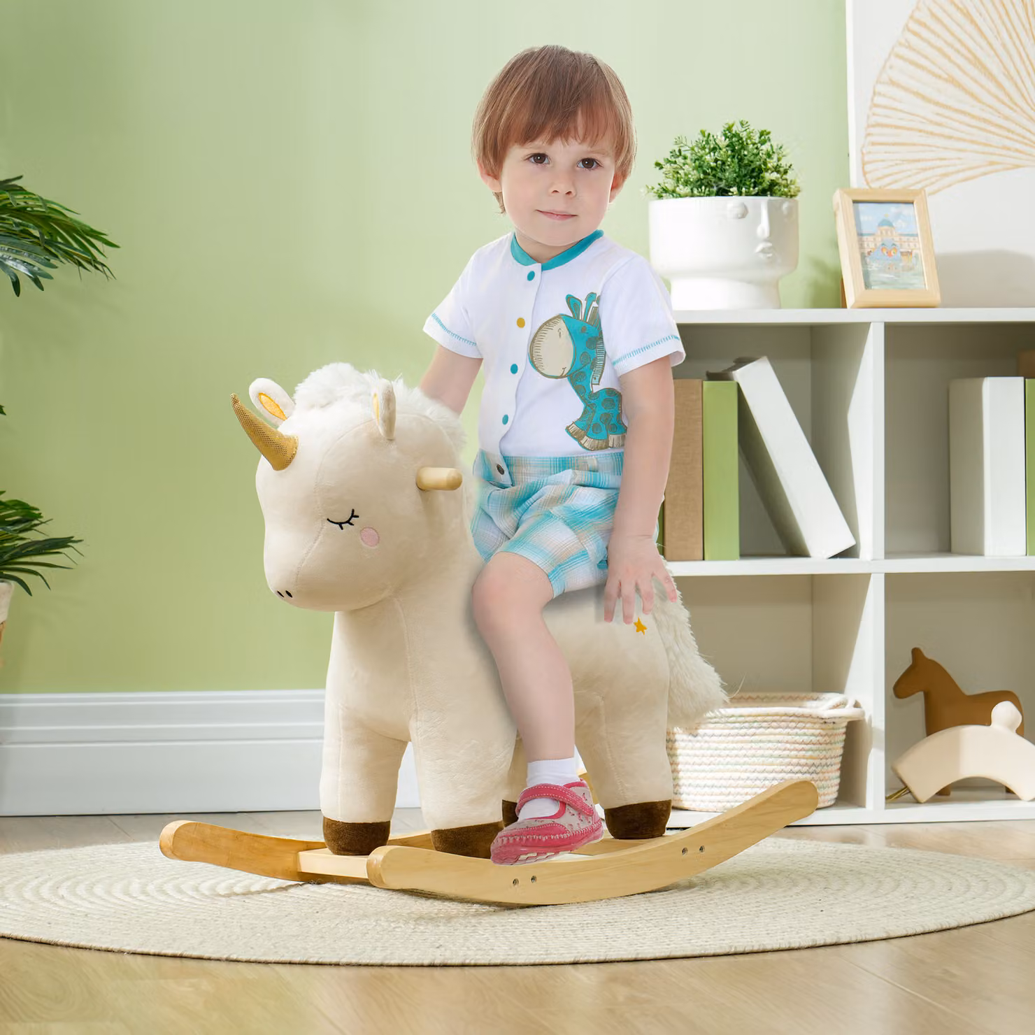 AIYAPLAY Cavallo a Dondolo Unicorno con Suoni e Rivestimento Morbido, Bianco – 2