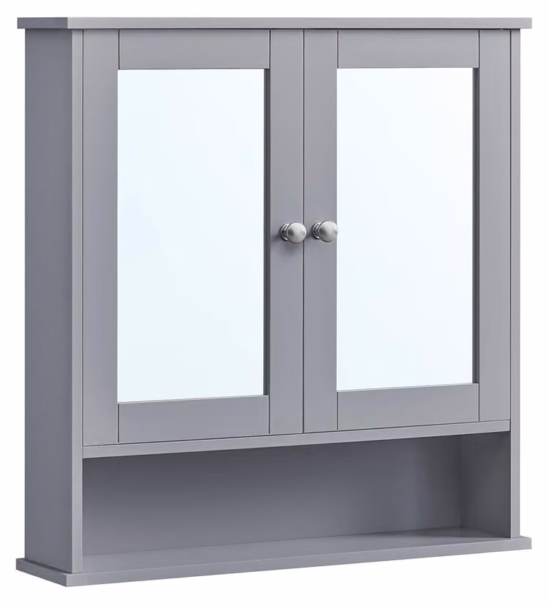 Mobiletto specchio per bagno da montare a parete, in MDF, color grigio tortora, dimensioni 13 x 56,5 x 58,5 cm