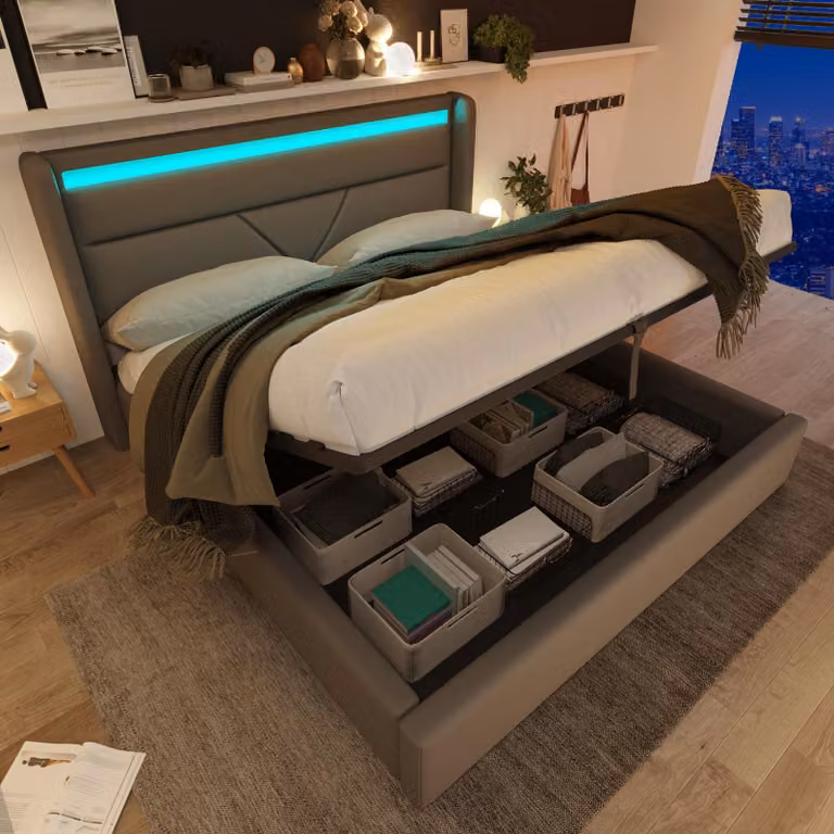 Letto imbottito 160x200 cm con testiera LED, contenitore a sollevamento idraulico, letto contenitore con telecomando, rivestimento inPoliuretanoe struttura robusta, colore grigio