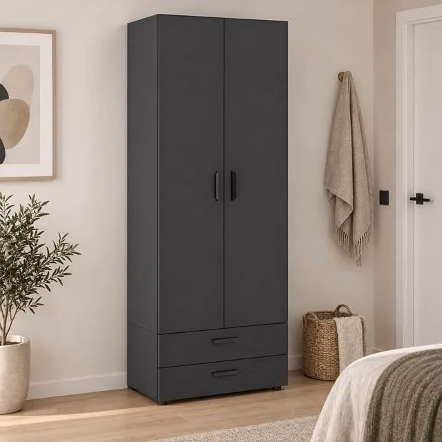 Armadio Camera da Letto Buriasco, Guardaroba 2 Ante un Ripiano, 74x214h cm Nero Antracite