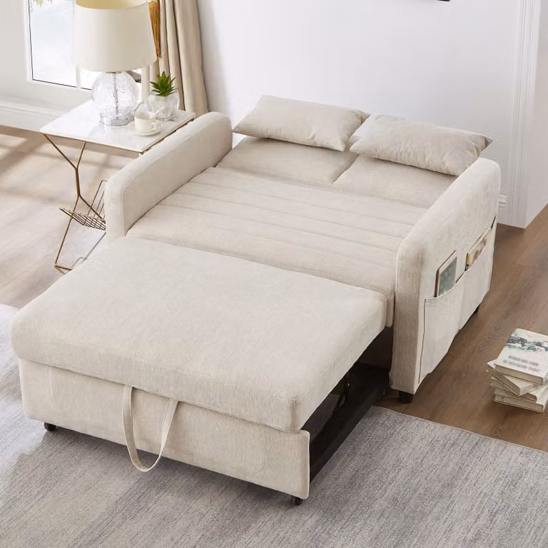 okwish Divano letto, Divano con funzione letto, Divano matrimoniale pieghevole, schienale regolabile in tre direzioni, tessuto traspirante in cotone e lino, Beige