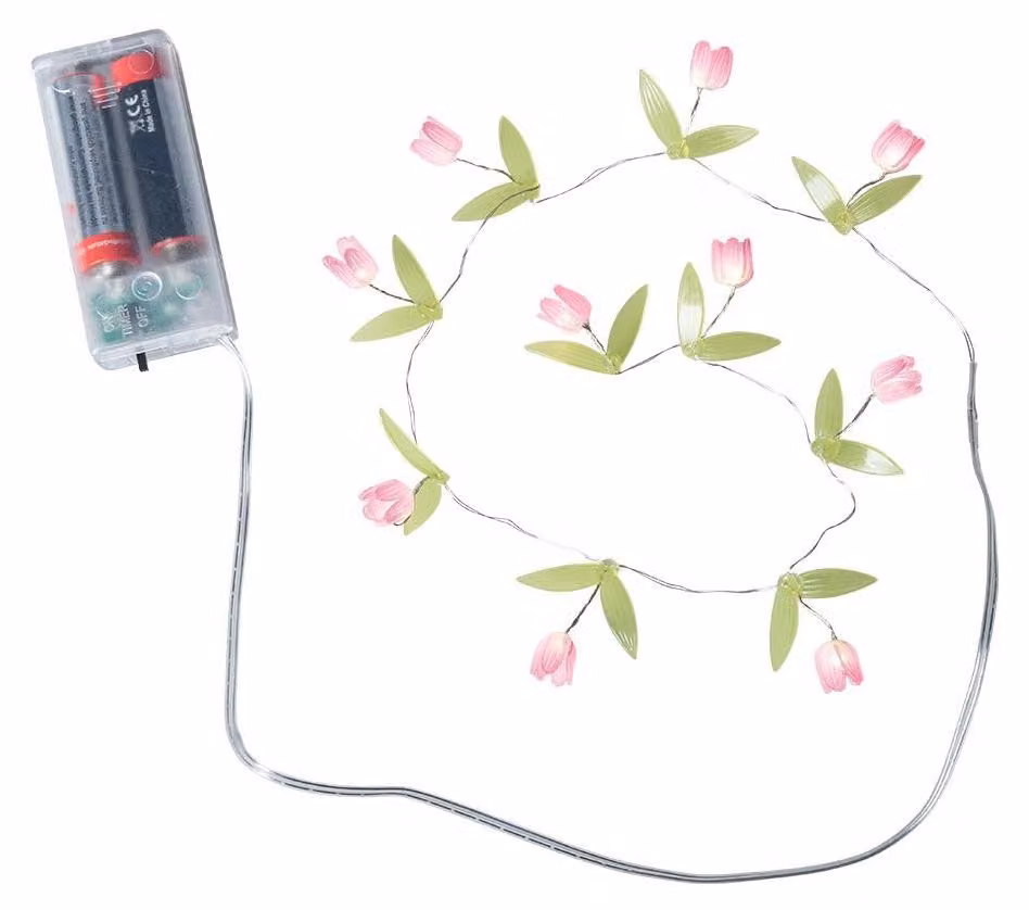Catena di luci a forma di fiori LED, 10 LED bianco caldo, 75 cm, rosa, con timer, alimentazione a batteria