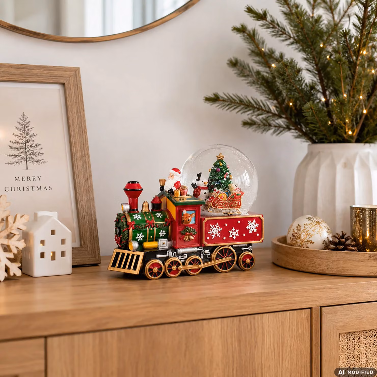 Carillon Musicale a Carica Meccanica con Sfera di Neve Trenino di Babbo Natale Vestiamo Casa, Colori Rosso, Verde e Oro, Altezza: 17,5 cm – 2