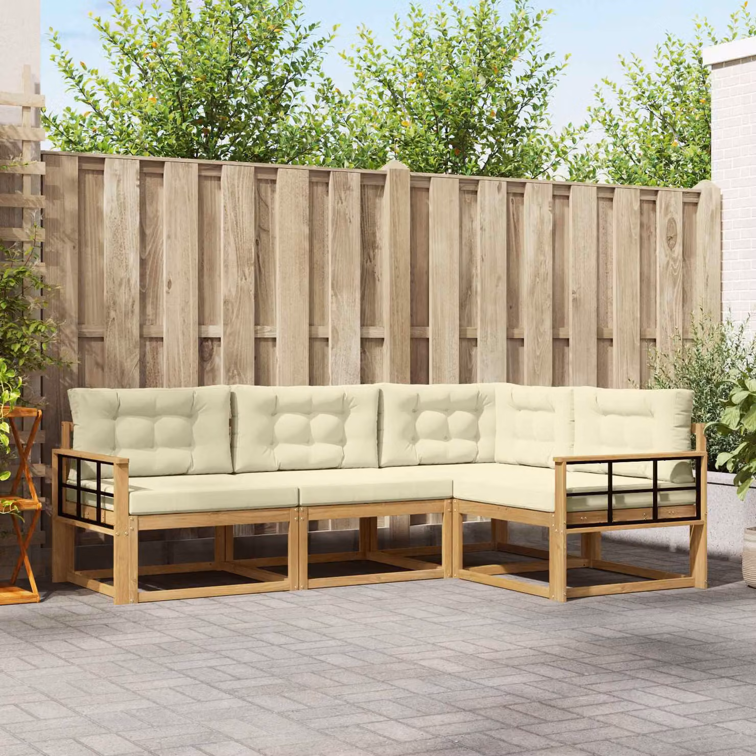 Set di divani da esterno a L vidaXL in legno di acacia con cuscini, Bianco, Beige e Marrone