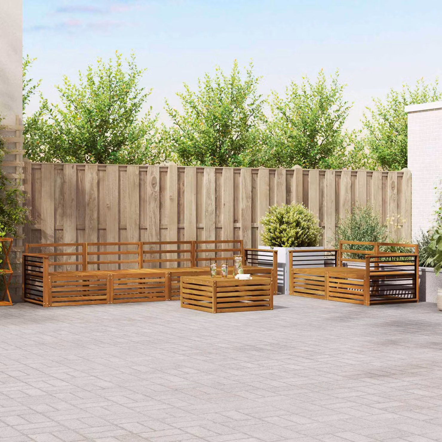 Set di divani da esterno vidaXL 7 pezzi a forma di U in legno di acacia massello marrone con cuscini inclusi