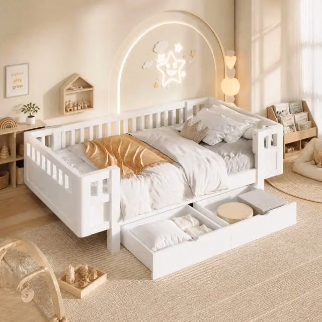 Letto per bambini 90x200 cm in legno e MDF bianco con 2 cassetti, senza materasso –