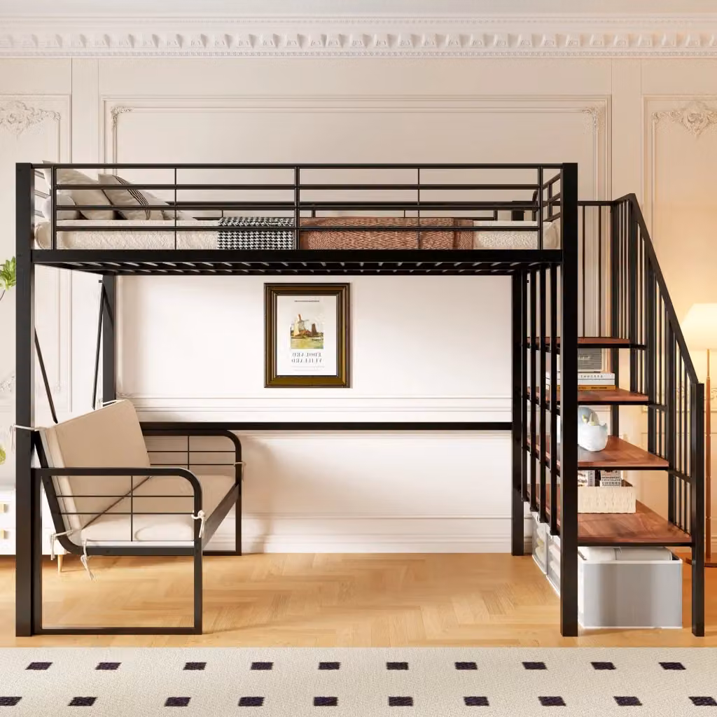 Letto a castello moderno con scala contenitore e divano imbottito in metallo e MDF, colore nero, L/P/H: 200 x 140 x 251,5 cm – 2