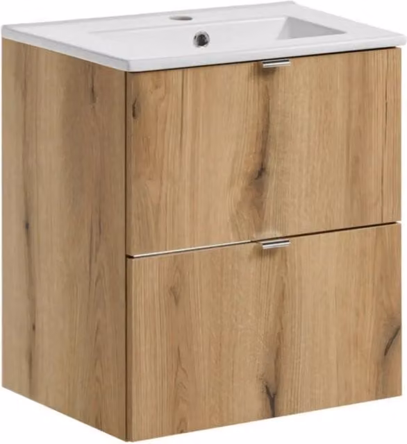 Set da bagno sospeso VANO in rovere e bianco 50cm: mobile sotto lavabo con cassetti + lavabo incassato