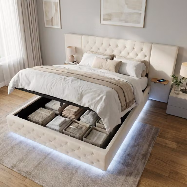 Letto imbottito LVHOM 140x200 cm con LED e USB, letto matrimoniale idraulico con ripiani, letto per ragazzi con rete a doghe, letto a molle insacchettate in velluto, beige