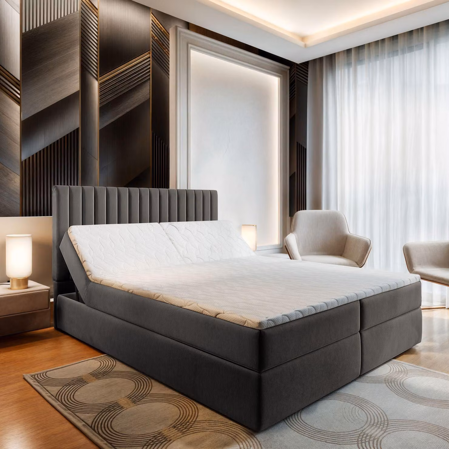 Letto a molle Masseno MURLO 160x200 cm completo di materasso e topper Bonell, letto imbottito con cassettiera - grigio, PAROS 06