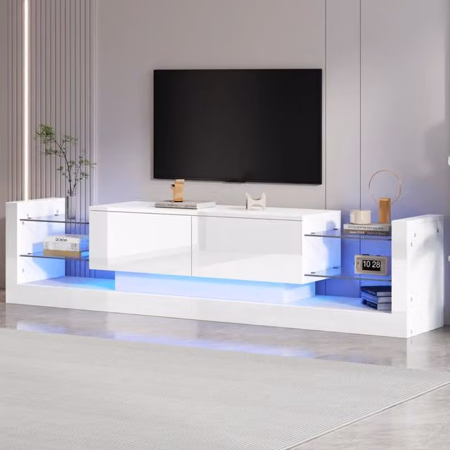 Mobile TV lucido con illuminazione LED, 181 cm, per TV fino a 80 pollici, ante in vetro, due cassetti ribaltabili