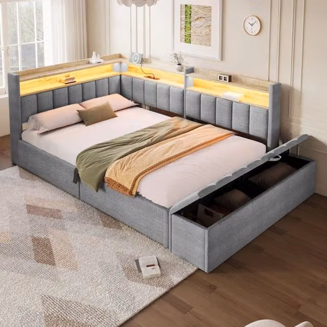 Letto contenitore 140 x 200 cm con contenitore idraulico, LED e USB-A/Type-C, imbottito in velluto grigio con panca contenitore mobile e contenitori